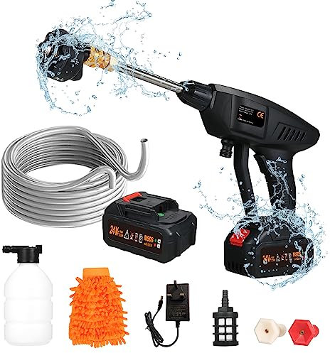 Cordless Pressure Washer, 60Bar High Power Portable Power Washer, with 6-in-1 Sprayer Battery and Charger, 24V 8000mAh Pressure Washer gun for Car Washing, Watering Flowers, Cleaning Floors