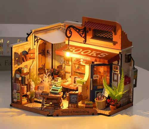 ROBOTIME Maquette Maison Miniature a Construire Librairie, Kit de Construction de Maison Miniature en Bois avec LED, Cadeau Créatif pour Adultes et Enfants