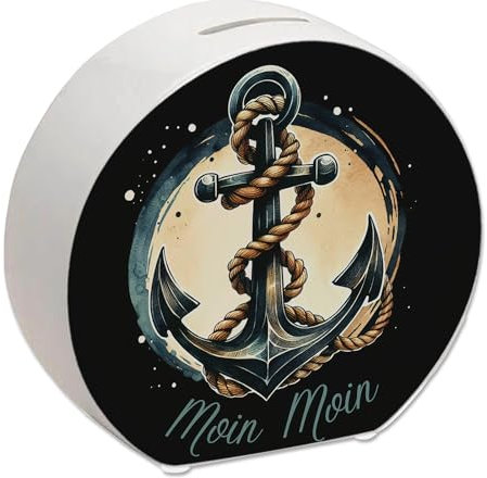 Anker mit Seil Spardose mit Spruch Moin Moin Eisenanker Umschlungenes Seil Marine Nautik Schiff Boot Dekorative Sicherung
