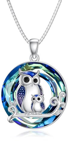 enjoylifecreative Eule Kristall Halskette für Damen 925er Sterling Silber Mutter Tochter Eulen Anhänger Kette Geburtstag Muttertag Schmuck Geschenk für Frauen Mädchen Mama Tochter