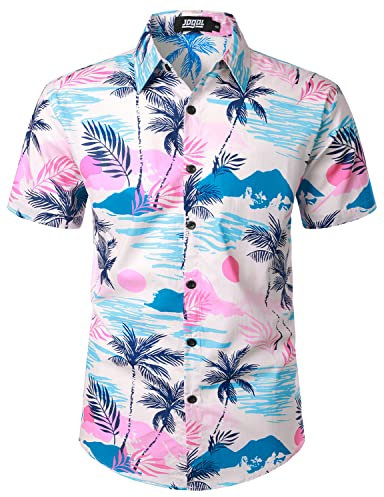 JOGAL Mens Flowers Hawaiian Shirts Short Sleeve Casual Button Down Beach Shirt Medium Pink