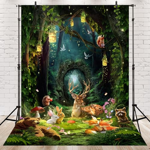 Newsely Verzaubertes Feenwunderland-Garten-Hintergrund, 5 x 7 cm, Fotografie, Märchen, Grün, Wald, Safari, Tier, niedlicher Bär, Fuchs, Hirsch, Kaninchen, Kinder-Hintergrund, Party-Dekorationen,