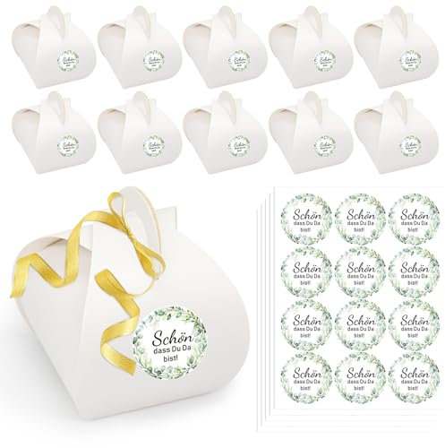 Forhandy 60 Stück Kartonage Geschenkbox Kommunion, Gastgeschenke Set mit 60 Taufe Gastgeschenk Box+60 Schön Dass Du Da Bist Aufkleber Hochzeit+1 Rolle Band für Tischdeko konfirmation/Hochzeit/Taufe