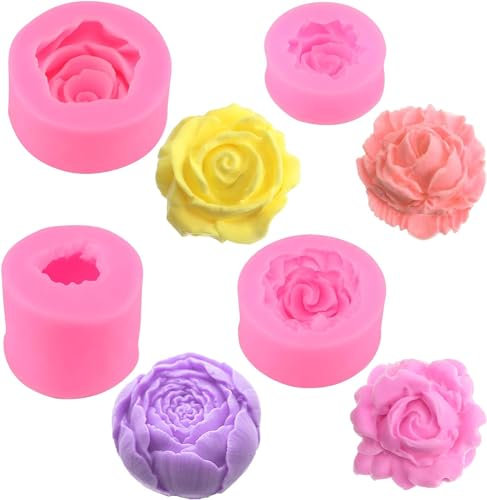 Rismise 3D Blume Silikon Seife Form 4pcs 3D Rose Blume Silikon Fondant Form Bloom Rose Form Harz Kerze Form für Kuchen Dekoration Schokolade Seife Candy Ton Lotion Bar Wachs DIY Handwerk