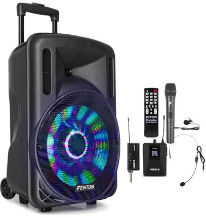 Fenton FT12LED Portable PA System with Bluetooth, 700W 12-Inch Speaker, Battery Powered with Handheld & Headset Wireless Mics, USB/SD MP3 Playback, LED Lights