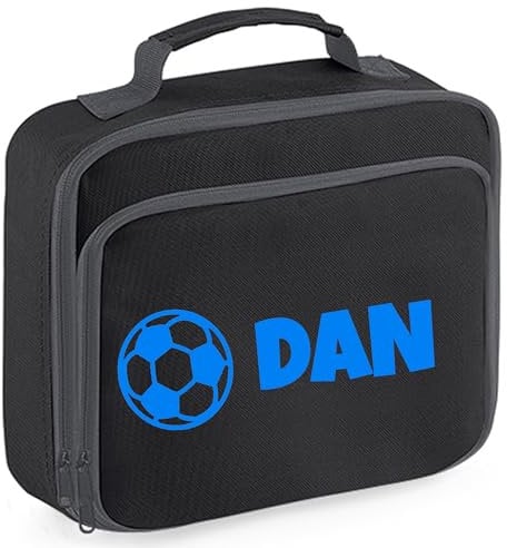 Personalised Football Lunch Box Bag for Boys and Girls - Black Personalised Lunch Bag For Kids with Name & Football School Lunch Bag - Personalised Lunch Boxes for Girls and Boys in Black