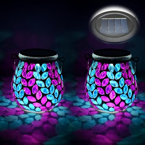 TOTHDATE 2PCS Solar Mosaik Leuchte Oval für Außen, On/Off Glas Mosaik Hängend Licht Solarlaterne Tischleuchte IP65 Wasserdicht für Rasen Pfad Hof Deck Boden Teich, Olivenzweig Mosaik Licht