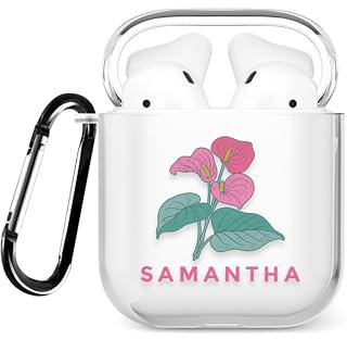 Tirita Personalised Custom Case Compatible with Apple AirPods 2nd & 1st generation, Support Wireless Charging, with Carabiner, Front LED Visible [03- Flamingo Flower]