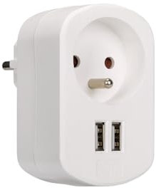 SIMON - Adaptador Combi, Adaptador de Viaje con Toma Francesa y 2 Enchufes USB 3.4A, Adaptador Corriente de Carga de Pared, Ladrón USB, Color Blanco