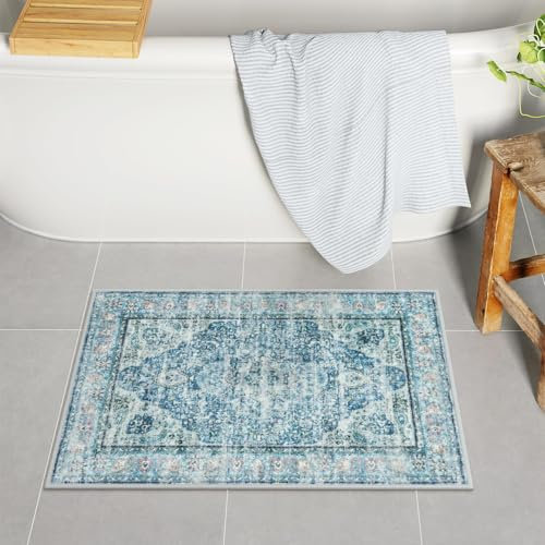 Uphome Badezimmerteppich, Used-Look, Boho-Badematte, bequemer Samt, klein, rutschfest, waschbar, orientalischer Vintage-WC-Vorleger für Waschbecken, Dusche, Waschtisch, 45,7 x 66 cm, Hellblau