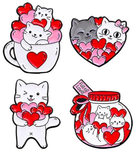 UEN 4 Stück Liebesform Katzen Emaille Anstecknadeln,Anstecker Pin,Niedliche Tier Emaille Brosche,Cartoon Tier Anstecknadel,Pins Anstecker,Für Jacken,Dekorative Revers,Kleidung,Rucksäcke
