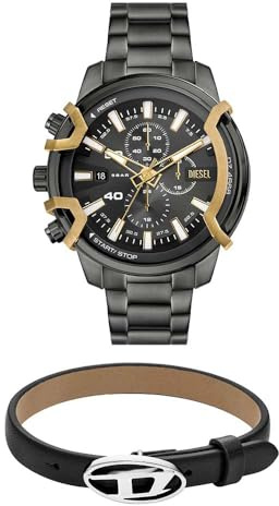 DIESEL Orologio da Uomo in Acciaio Inossidabile Grigio Griffed e Bracciale in Pelle Nera Stackables, Set