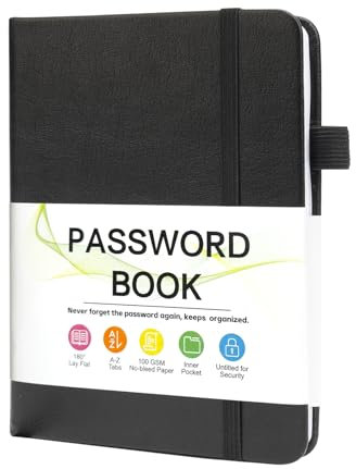 Passwort-Keeper-Buch mit alphabetischen Registern, 10,9 x 14,5 cm, kleine Passwortbücher für Senioren, Passwort-Notizbuch für Internet, Website, Adress-Log-in-Detail, Schwarz