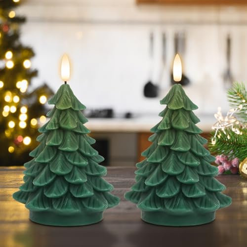 Lasumora Christmas Tree Shaped LED Candles, 2 Pcs Flameless Pillar Candles Flickering, Battery Operated, Green, Plastic, 6 Inch