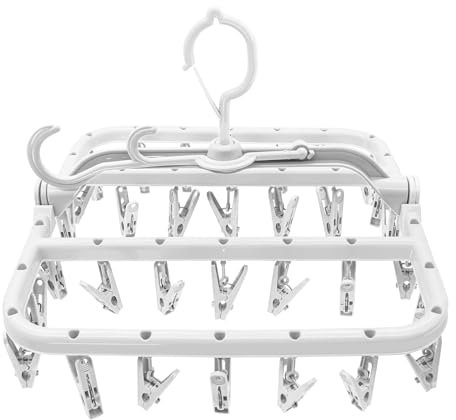 Newthinking Sock Dryer with Pegs for Washing Line, Portable Plastic Folding Sock Drying Hanger with 32 Clips and 360° Rotatable Hook for Small Clothes Underwear, White