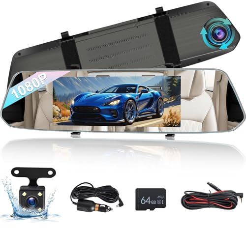 NHOPEEW 7 pulgadas Espejo Dash Cam con Vista Delantera y Trasera Cámaras Duales - Sensor de Gravedad/Visión Nocturna/Grabación en Bucle/Detección de Movimiento/Monitor de Aparcamiento + 64G Tarjeta SD