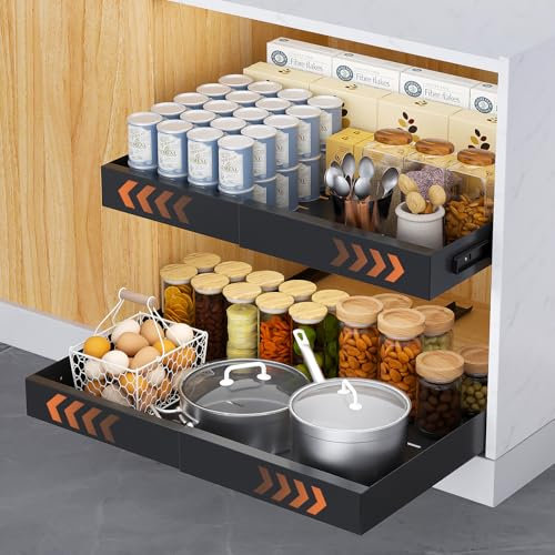 Ihomife 2 Pack Extendable Pull Out Kitchen Drawer - Upgraded Dual Mounting (Screws for Shelfless Cabinets/Nano Tape for Shelved) | Upgraded Heavy-Duty Rails, Space Saving Cabinet Organiser (Black)