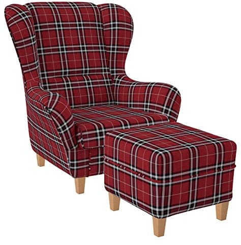 Supellex Sofia Ohrensessel mit Hocker | Design Oxford kariert Rot
