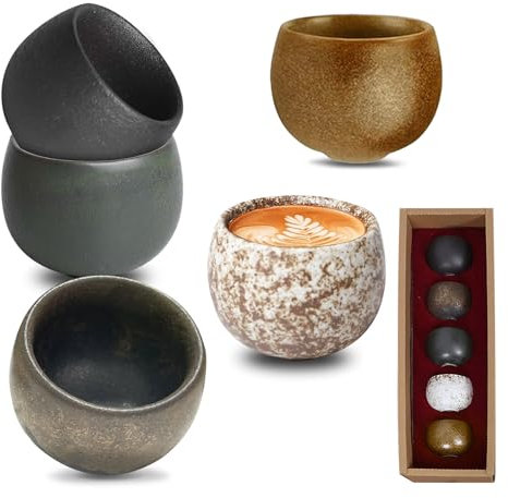 Espressotassen, 5 Stück Geschenkbox Dickwandige Keramik Espressotassen Set 50ml espressotassen steingut Kein Griff, Espresso Tassen Ideal für Espresso, Mokka, Tee, Geschenke für Frauen und Männer