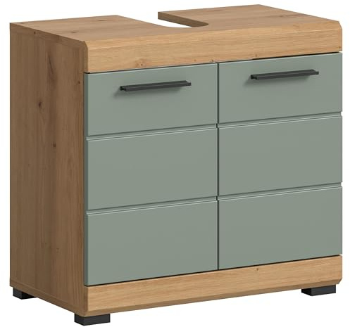 furnling Waschbeckenunterschrank Scott, Matte Salbei Front, 2 Türen, 2 Fächer, Unterschrank mit Siphon-Ausschnitt, Front mit Rillenfräsung, Breite 60 cm, Korpus Artisan Eiche
