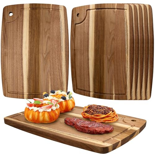 6 Pcs Acacia Wood Chopping Board, 35 × 25 cm Square Wooden Cutting Boards | Large, Reversible Charcuterie Serving Board Bulk with Deep Juice Groove for Meat, Cheese, Vegetables, Fruits, Bread