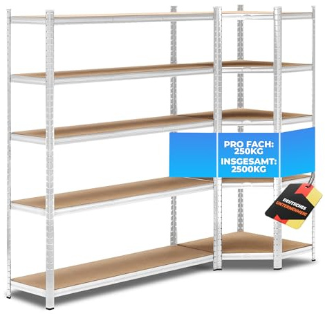 ALL Premium Schwerlastregal Eckregal 180x70x40 cm + 1x 180x150x40 cm Silber - 1250kg Traglast – stabiles Eckregal stehend, vielseitiges Regalsystem, Corner Shelf, ideal für Keller & Lager