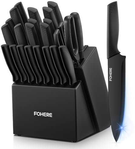 Knife Set with Block FOHERE 23 Pieces Kitchen Knives Set High Carbon Stainless Steel Self-Sharpening Knife Block Set with Built-in Sharpener and Wooden Block with Cheese and Pizza Knife, Black