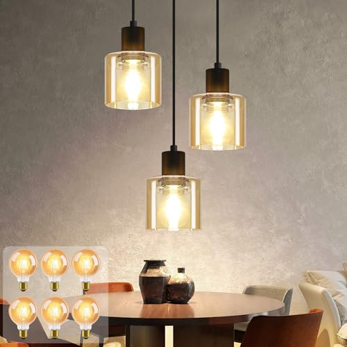ZMH LED Pendelleuchte Esstisch Hängelampe - 3 Flammig Vintage Esstischlampe Hängend E27 Hängeleuchte Metall Esszimmerlampe Retro Pendellampe für Wohnzimmer Küche Esszimmer, 6 x G80 Glühbirne inkl.