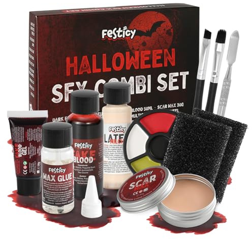 FESTICY Kit Trucco E Effetti Speciali Per Halloween 2026 I 50ml Sangue Finto Lavabile, 20ml Sangue Gel, 30ml Lattice, 30g Cera Per Ferite Finte e Cicatrici, 15g Colla I Trucchi Horror Professionali