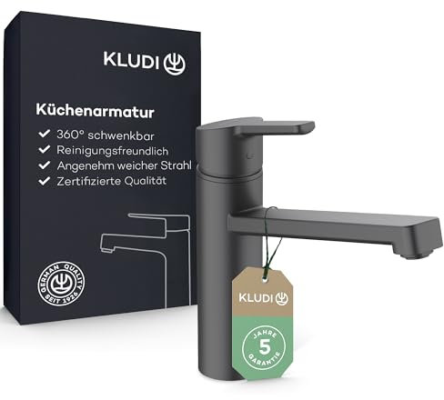 KLUDI-M3 Wasserhahn Küche Schwarz 360° schwenkbar, Armatur Küche mit 1 Strahlart, Mischbatterie Küche mit komfortabler Auslaufhöhe von 17 cm, Küchenarmatur Schwarz
