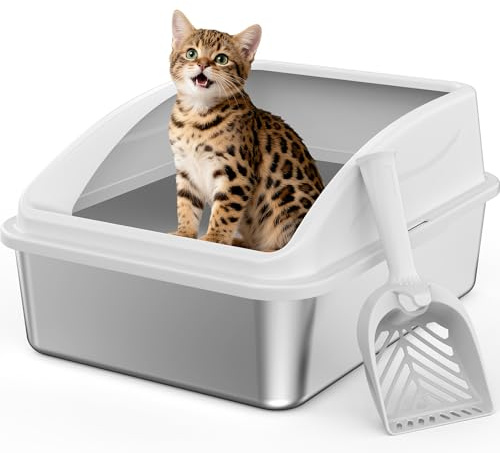 FURTIME Stainless Steel Cat Litter Tray with Detachable Enclosure, 21cm High Sided Cat Litter Box Anti-Spillage and 44cm Litter Tray with Lid for All Cats, with Litter Scoop, 44x33x21cm（Silver Grey ）