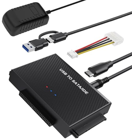 USB 3.2 auf SATA/IDE Adapter, Festplatte, geeignet für 2,5 Zoll und 3,5 Zoll SATA HDD und IDE Festplatten, unterstützt 6TB Kapazität, mit 12V 2A Netzteil, kompatibel mit Windows/Mac OS/Linux usw.