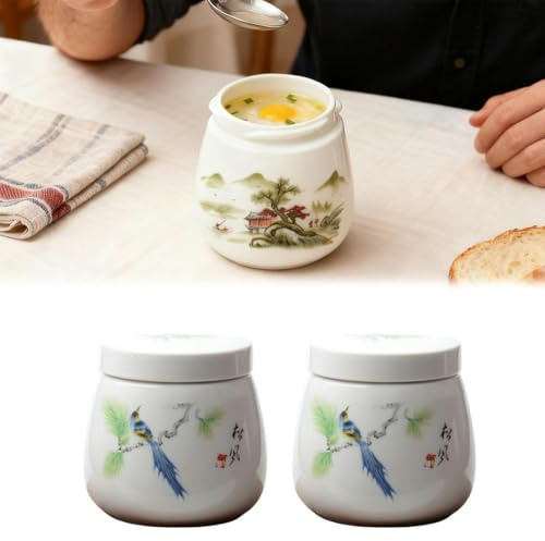 2 Pcs Coddled Egg Cups, Coddle Egg Coddler Cups with Lids, Vintage Ceramic Soft Boiled Eggs Cooker,220ml Porcelain Tableware Breakfast Serving, Retro Table Treasure Chawanmushi Steamed Eggs Dish