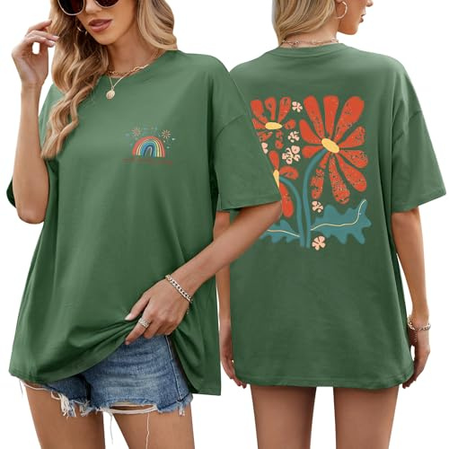 heekpek Womens Oversized T Shirts Cotton Graphic T Shirt Crew Neck Baggy Tee Shirts Short Sleeve Summer Tops Double-Sided Printed T-Shirt