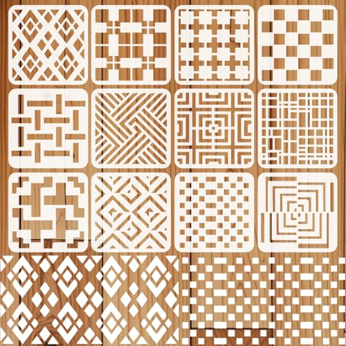 INFUNLY 12 Stück Rechteckige Karo Schablonen Zum Malen 7.9x7.9 Geometrische Schablonen Klassische Karo Stempelplatte Backstein Geschichtete Zeichenvorlage Für Holz Leinwand Wand Papier Heimdekoration