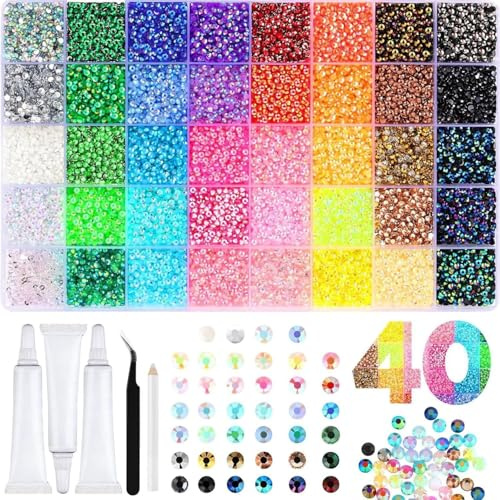 TYURJYR Lot de 32 000 Strass en Résine pour Créer des Bijoux Eblouissants, Strass Perle Diamant A Coller, 3 mm - 32 000 Strass à dos Plat - Kit de 3 outils pour Vêtements, Chaussures, Nail Art (A)
