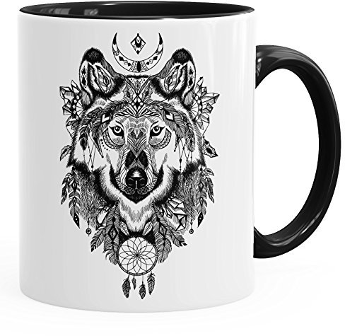 Autiga Kaffee-Tasse Wolf Atzekenmuster Boho Bohamian Atzec Animal Ethno schwarz Unisize