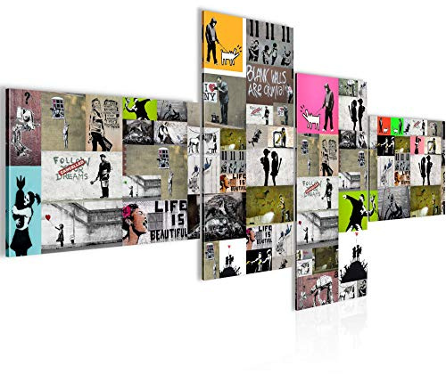 Runa Art Bild XXL 4 Teilig Collage Banksy 200 x 100 cm Kunstdruck auf Vlies Leinwand Wanddeko Loft Wohnzimmer 302741a
