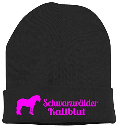 siviwonder Strickmütze Pferde - SCHWARZWÄLDER KALTBLUT Zug und Fahrpferd Arbeitspferd Freizeitreitpferd - Stickerei Pferd Winter Mütze Wintermütze Beanie Mütze schwarz-neonpink
