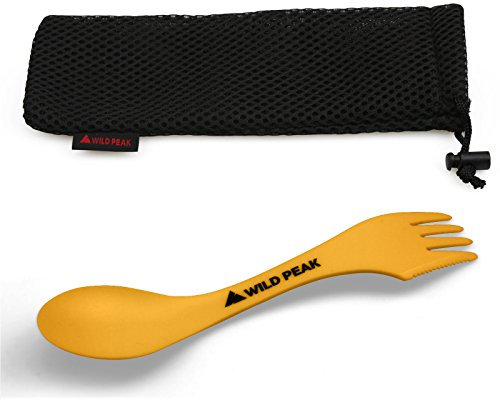 Wild Peak Plastic Spork - Lightweight & Strong All in one Spoon, Fork, Knife Cutlery with Optional Storage Bag ▲ (Golden Yellow, with Storage Bag)