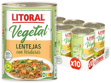 LITORAL Vegetal Lentejas con Verduras - Plato Preparado Sin Gluten - Paquete de 10x425g - Total: 4.250kg