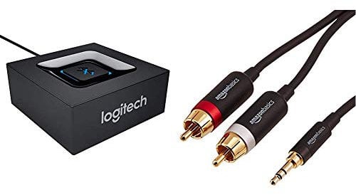 Logitech Bluetooth Audio Adapter schwarz & Amazon Basics PBH-19822 Cinch-Audiokabel, 3,5-mm-Klinkenstecker auf 2 x Cinch-Stecker, 2,44 m