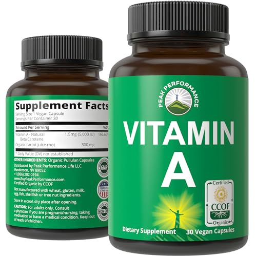 Certified Organic Vitamin A 5000 IU Supplement Capsules - High Potency Vitamins - for Adults, Men, Women, Kids - Made with Carrot Juice - Great for Immune, Skin, Eye Support - Non GMO, Vegan Pills