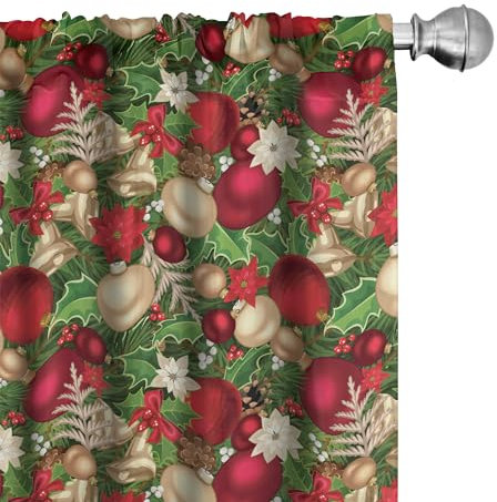 ABAKUHAUS Weihnachten Vorhänge, Gardinen, Baum-Zweig Glocken, Fensterbehandlungen für Wohnzimmer Schlafzimmer Dekor, 2 Stück 75 cm b x 225 cm h, Rot Grün