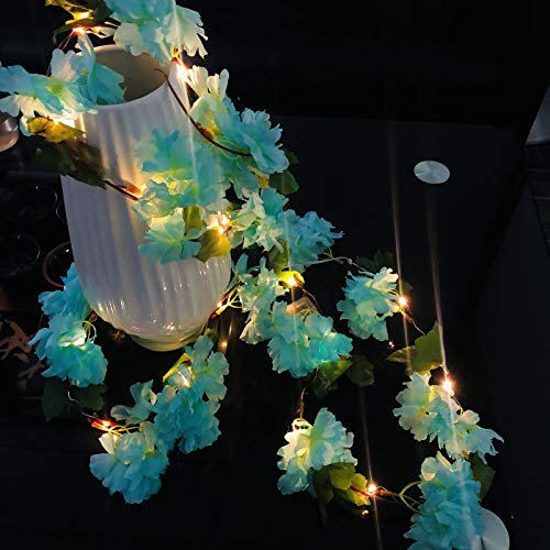Artificial Hydrangea Flowers Leaf Garland String Lights 20LED with Silk Floral 2 Meter Hanging Vine Fairy Lights for Wedding Party Home Garden Festival Décor (Blue Hydrangea, 6.56FT/20LED)