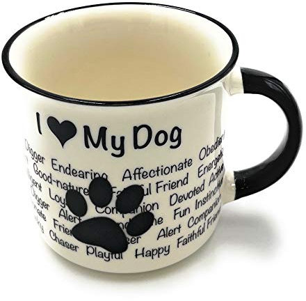I <3 Love My Dog Mug - Dog Silhouette in Black on White Mug, Characteristics on Cup. Coffee Mug/ Tea Cup. Great Gift/ Present idea for Dog Owners.