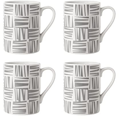 Sabichi Brooklyn Grey Mug Set of 4 - 350ml Capacity Coffee Cups - Microwave & Dishwasher Safe - Durable & Modern Design - Home & Office Use - AB Grade Porcelain - Geometric Print