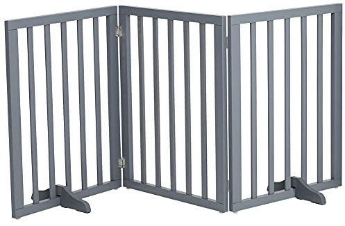 The Fellie Wooden Dog Gate Indoor Barrier with 2 Support Feet, Foldable Freestanding Safety Pet Gate, Retractable 3 Panels Doorway(139 W x 60.5 H, Grey)