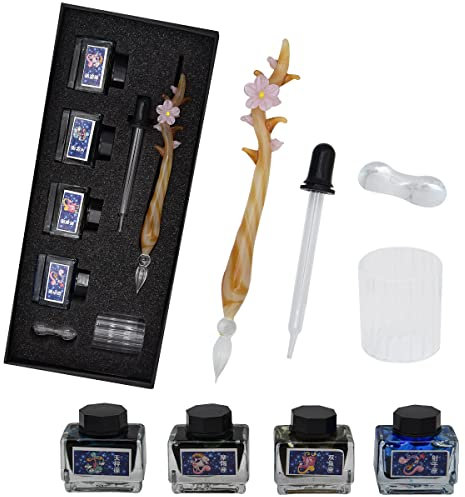 SIPLIV Glas Dip Pen Tinte Set Kalligraphie Dip Pens Kristall Blume Dip Pen für Kunst, Schreiben, Unterschriften, Büro Desktop Verzierungen, Ornamente - Gelb
