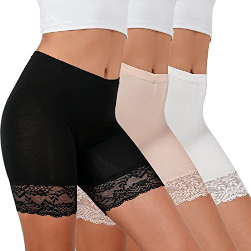Tuopuda Damen Unterhose Unter Rock Kurz Hose Spitze Slips Anti-Chafing Shorts 1/3er Pack Boxershorts Miederhose Unterkleid Taillenslip Weichem Panties Leggings mit Spitzenbesatz, A-Mehrfarbig, L